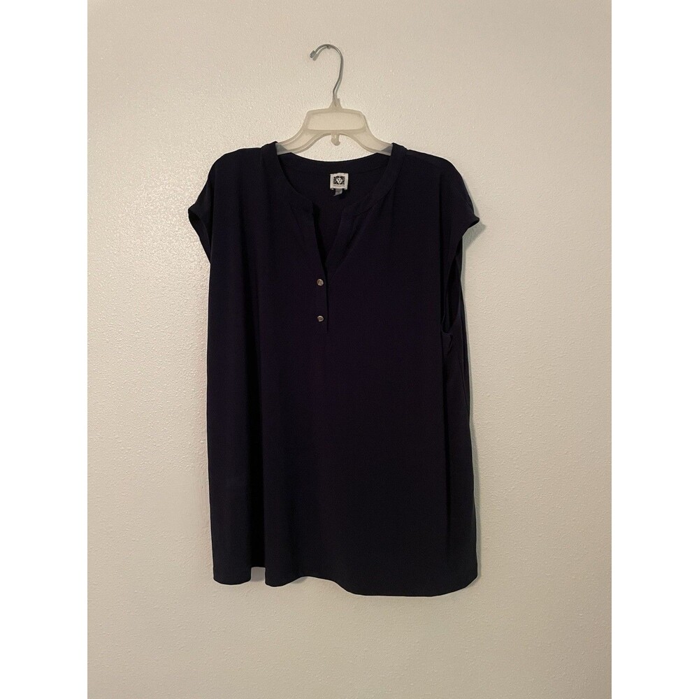 Anne Klein Black Cap Sleeve Split Neck Top Plus Size 3X Gold Detail